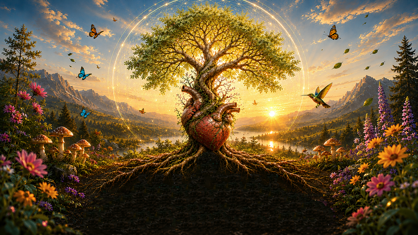 A great tree with a living heart at its centre, rooted in luminous soil. Mountains, river, mushrooms, flowers, butterflies.